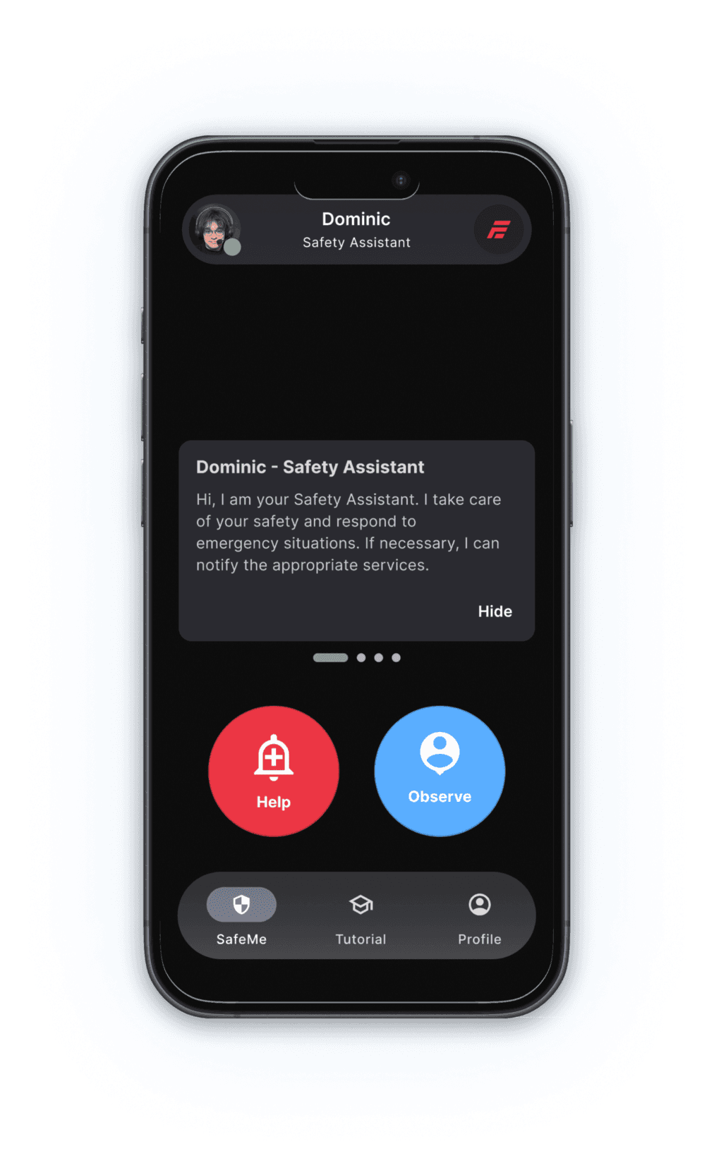 The SafeMe home screen with Help and Monitoring buttons