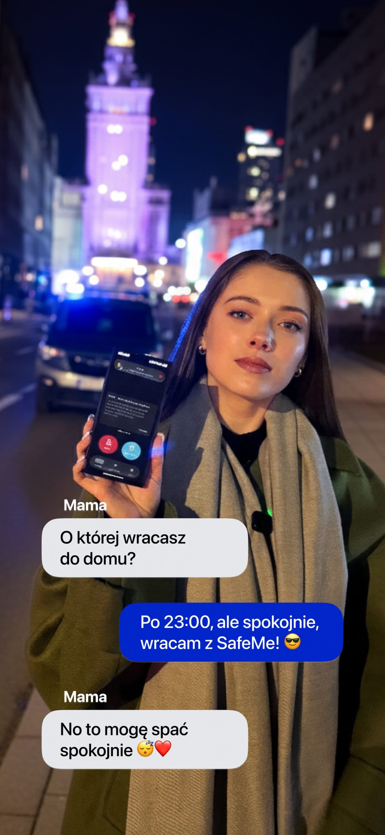 A woman getting home at night in a booked ride under SafeMe monitoring